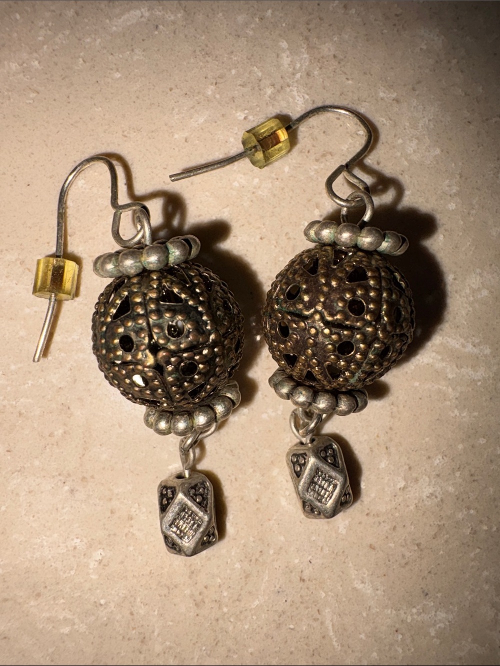 Boho Filigree Ball Drop Earrings in Antique Bronze and Silver